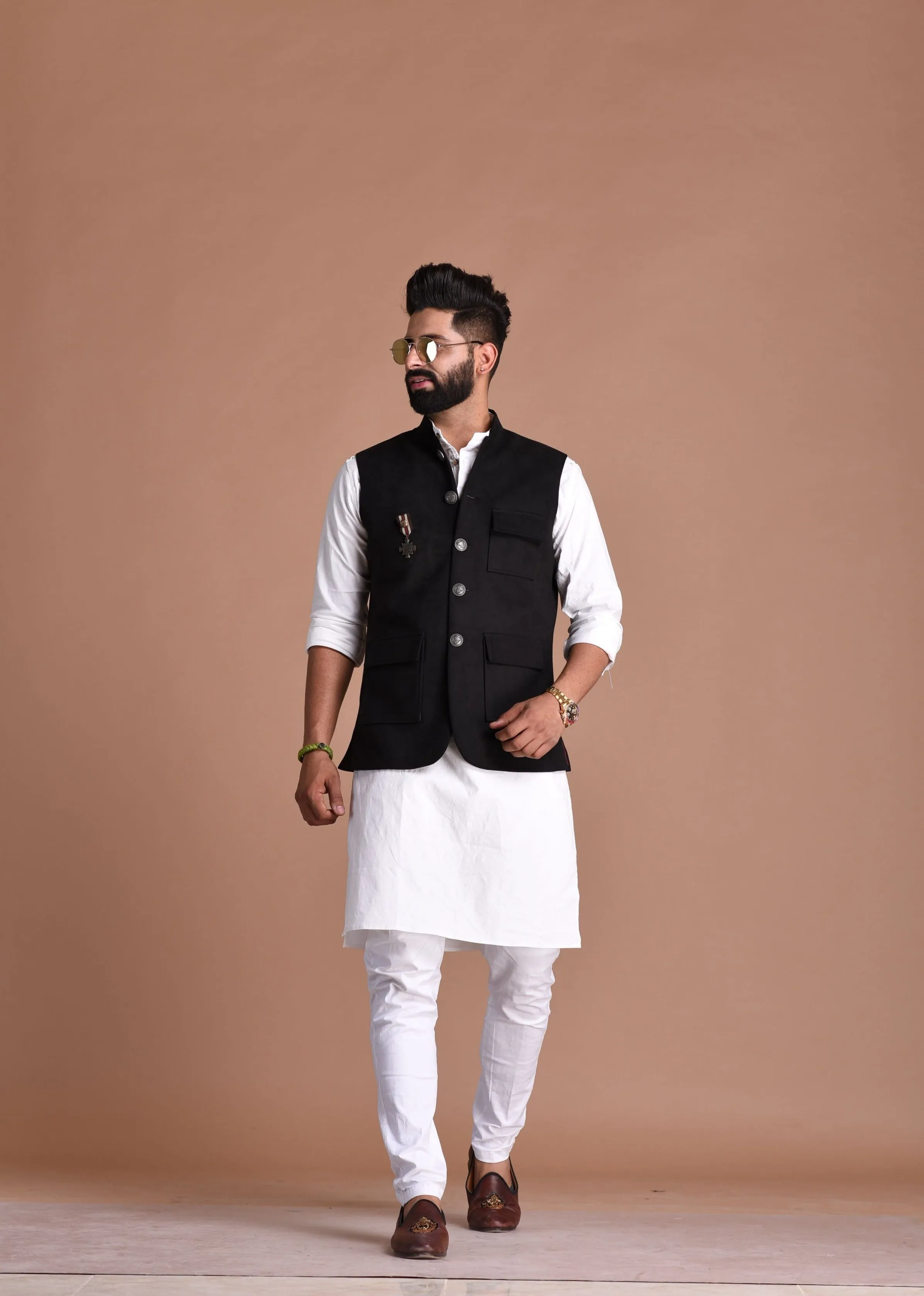 Aesthetic Three Pocket Black  Premium Faux Suede Leather Nehru Jacket with Kurta Pajama Set| Bespoke Indian Traditional Wear |