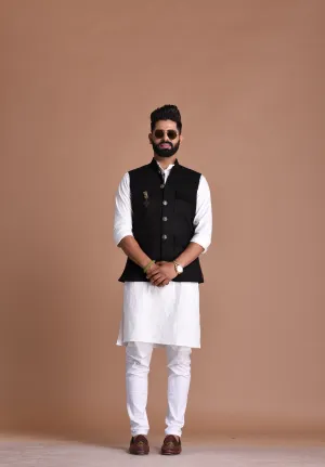 Aesthetic Three Pocket Black  Premium Faux Suede Leather Nehru Jacket with Kurta Pajama Set| Bespoke Indian Traditional Wear |