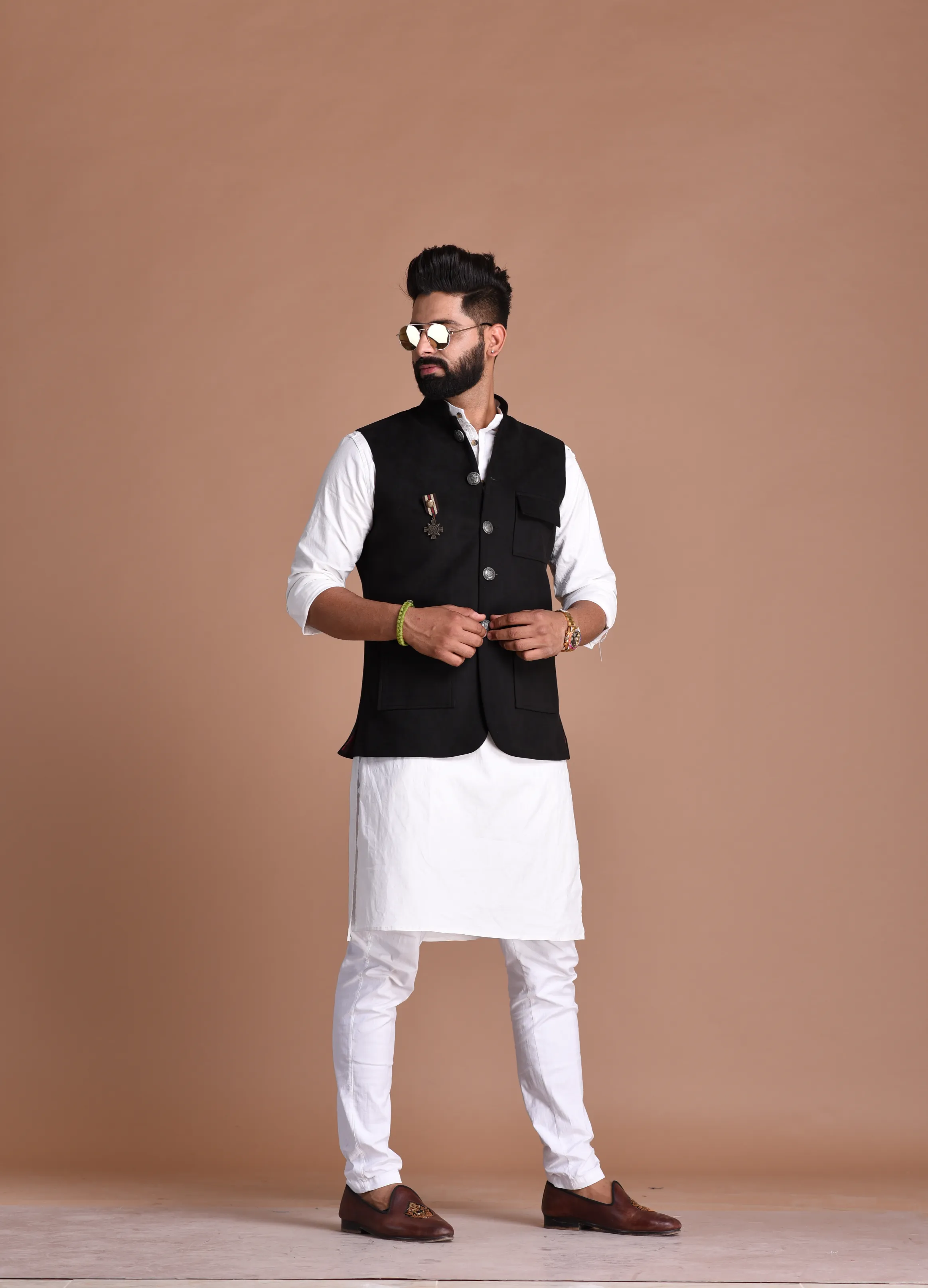 Aesthetic Three Pocket Black  Premium Faux Suede Leather Nehru Jacket with Kurta Pajama Set| Bespoke Indian Traditional Wear |