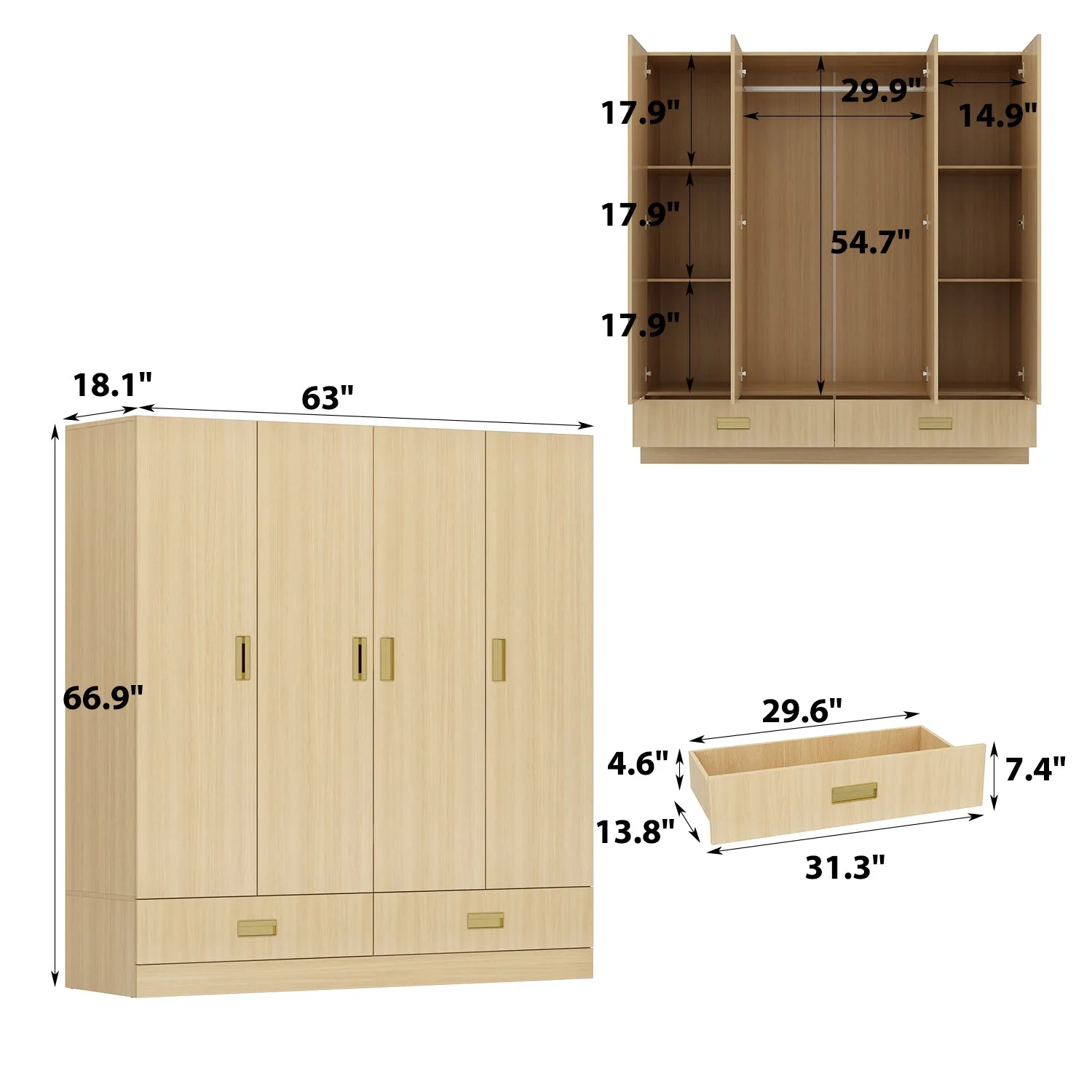 Armoire Wardrobe Closet with Hanging Rod, 2 Drawers & Shelves