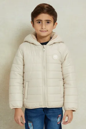 Boys Beige Puffer Jacket With Sherpa Lining