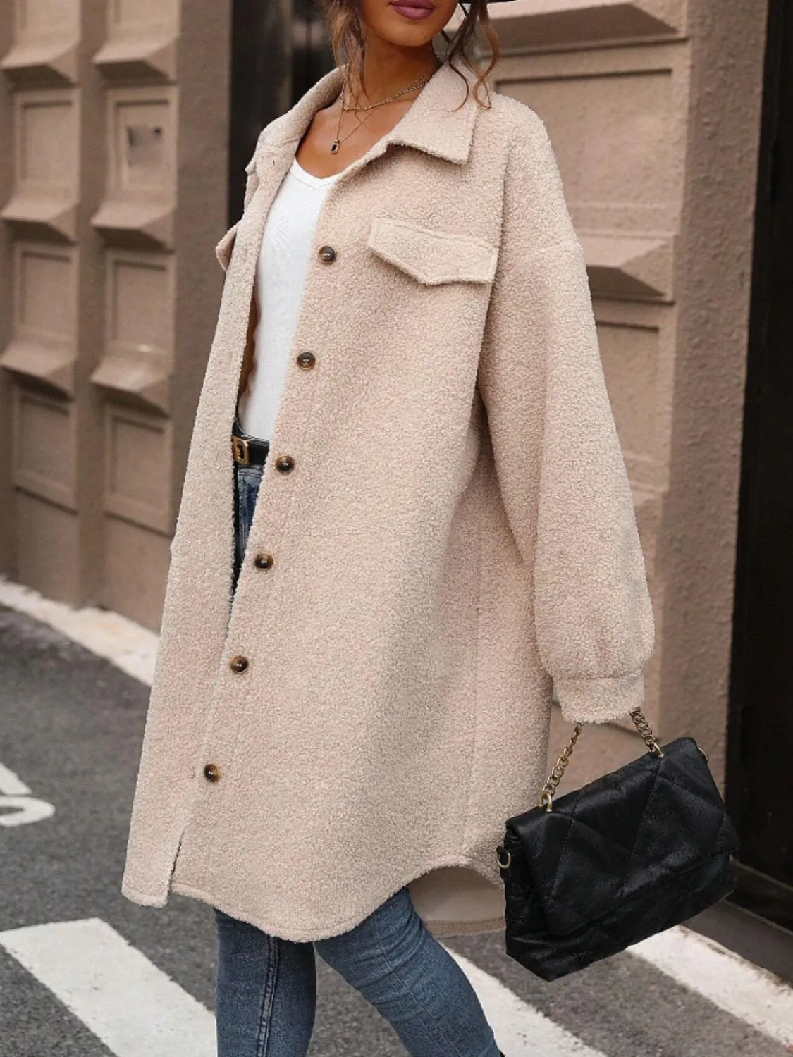 Button Up Drop Shoulder Sherpa Coat | Winter Coat | Cozy Weather