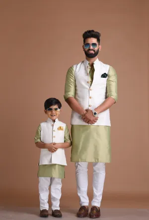 Dazzling White Jaquard Nehru Modi Jacket With Silk Kurta Pajama Set| Available in Father Son Combo | Traditional Indian Wedding / Festival|