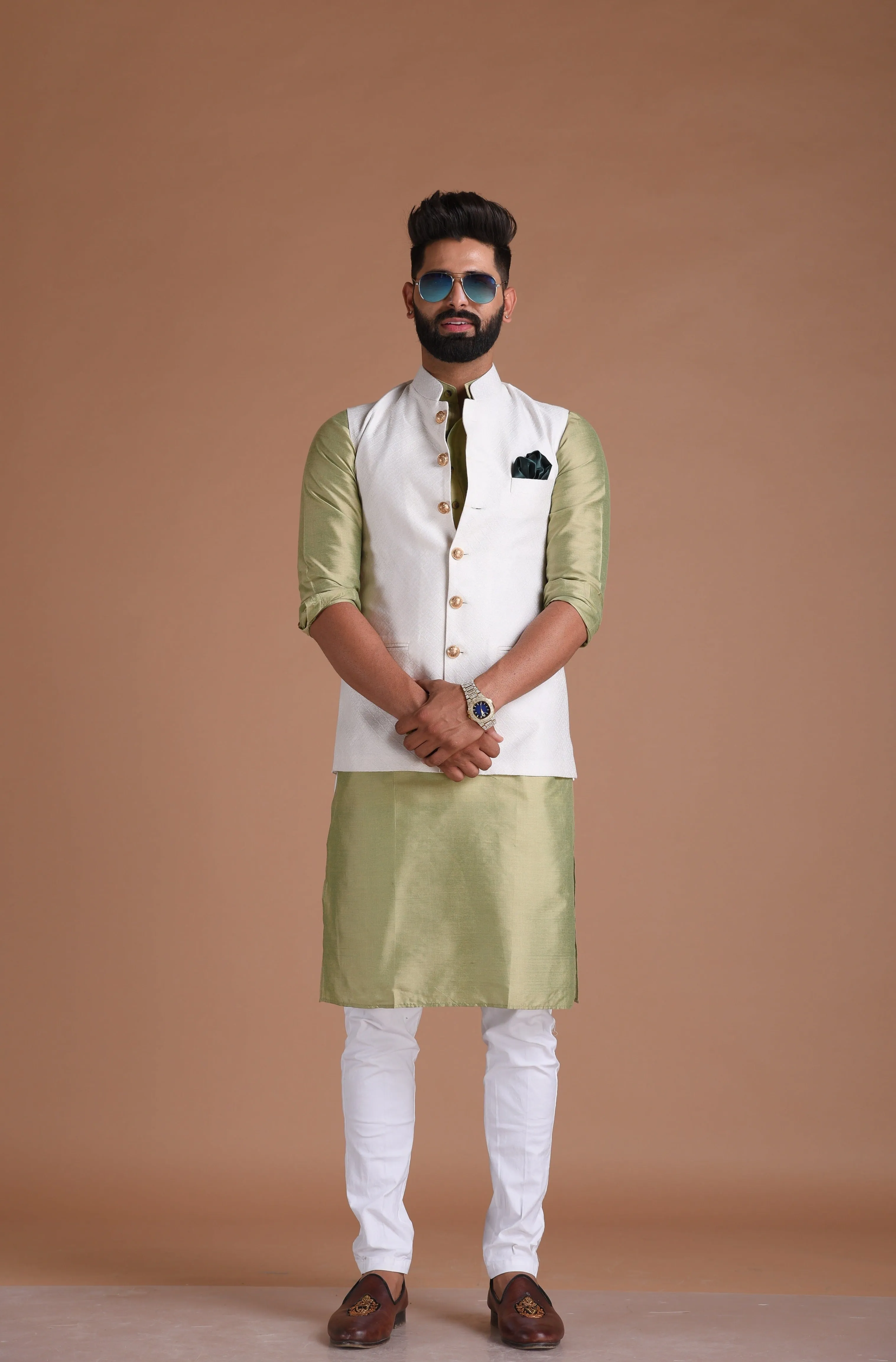 Dazzling White Jaquard Nehru Modi Jacket With Silk Kurta Pajama Set| Available in Father Son Combo | Traditional Indian Wedding / Festival|