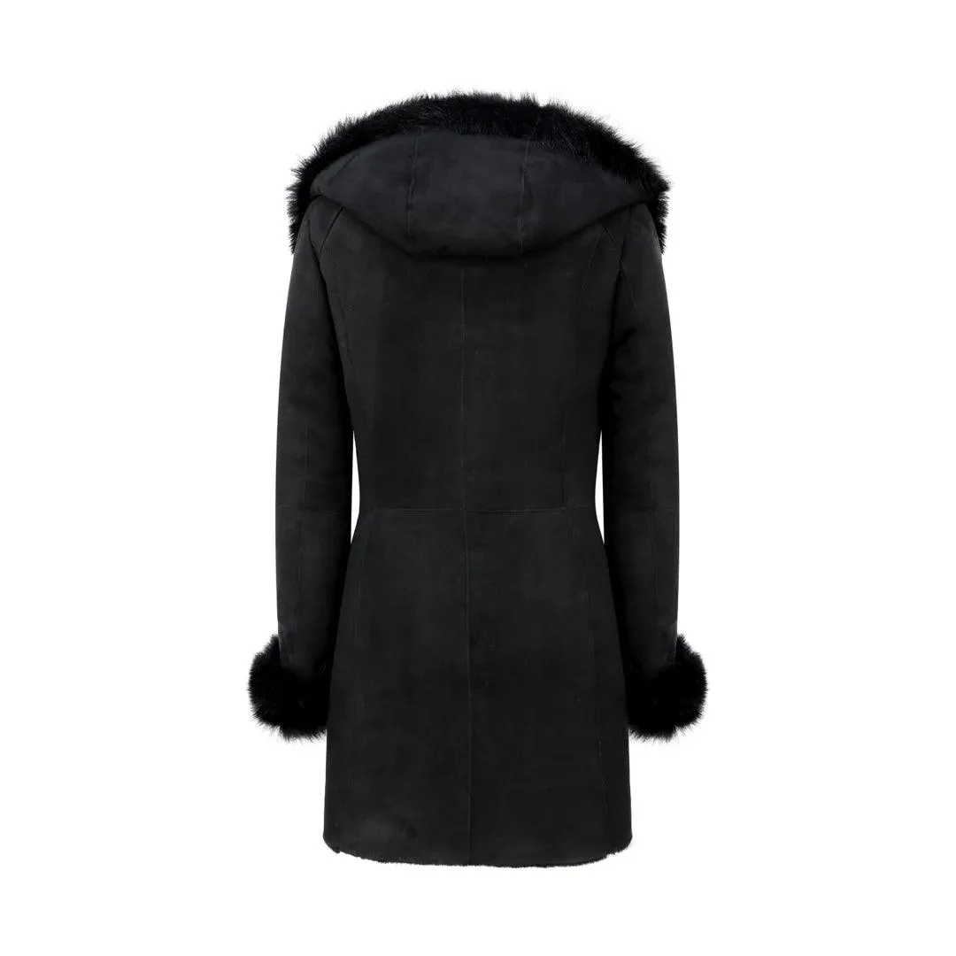 Ladies 3/4 Genuine Sheepskin Coat Black Soft Suede Outer Fitted Merino