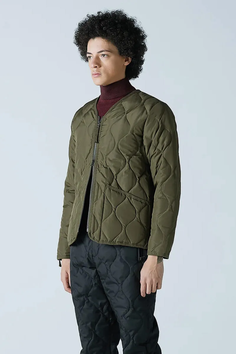 Military Zip V Neck Down Jacket - Dark Olive