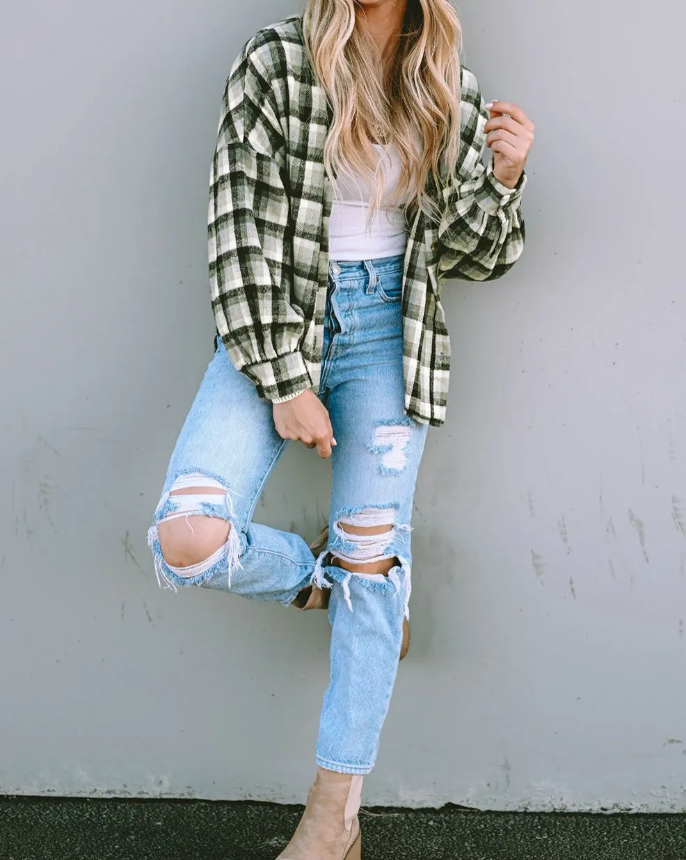 Plaid Collared Long Sleeve Jacket