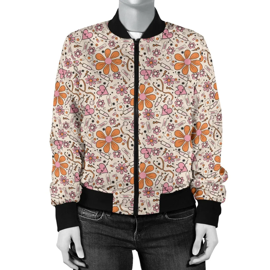 Retro Sunflower Gold And Medical Icons Gold Unisex Bomber Jacket