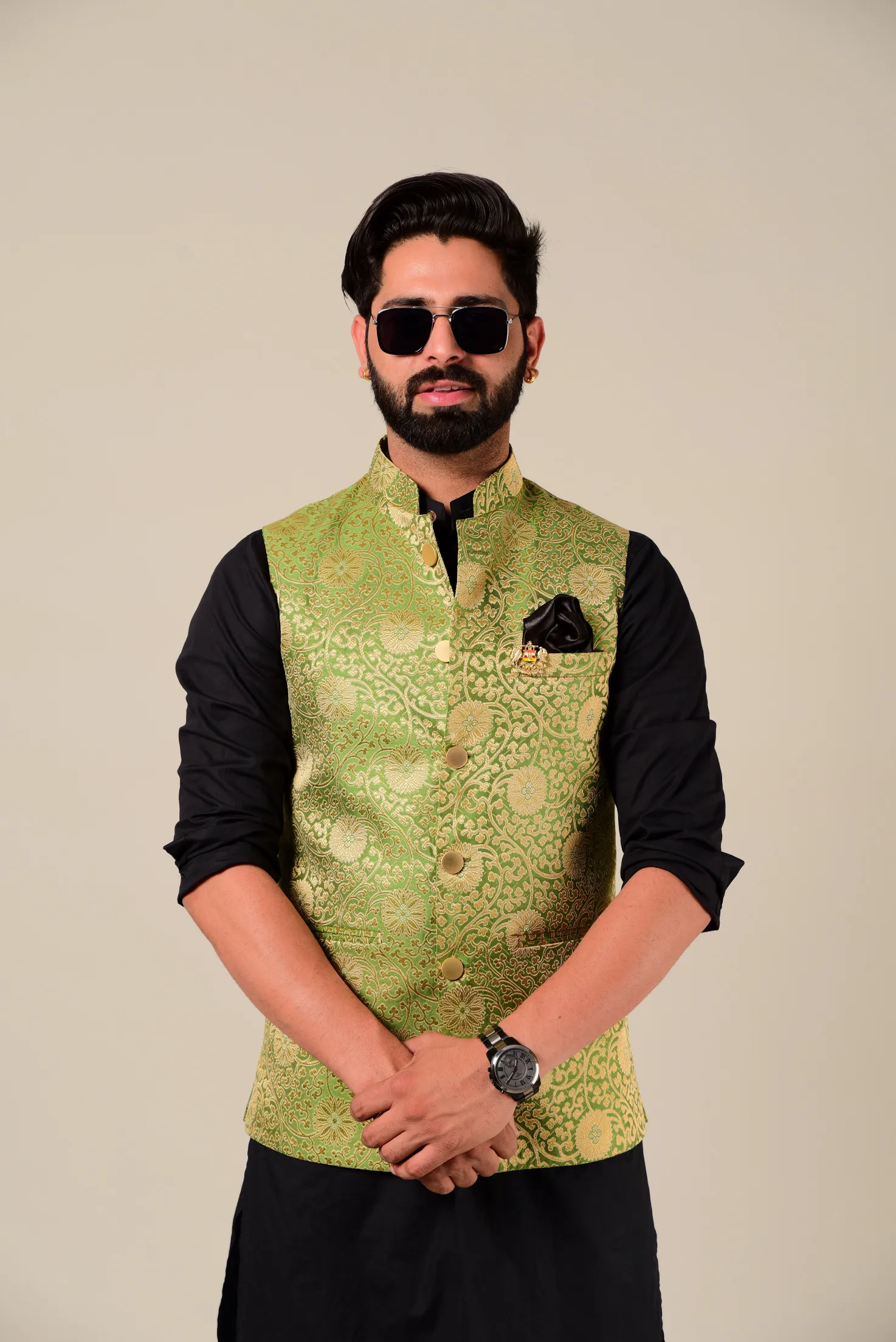 Black Rajputana Style Kurta Pajama Set with Green Banarasi Brocade Nehru Jacket - Perfect for Weddings, Festivals, and Indian Dinners