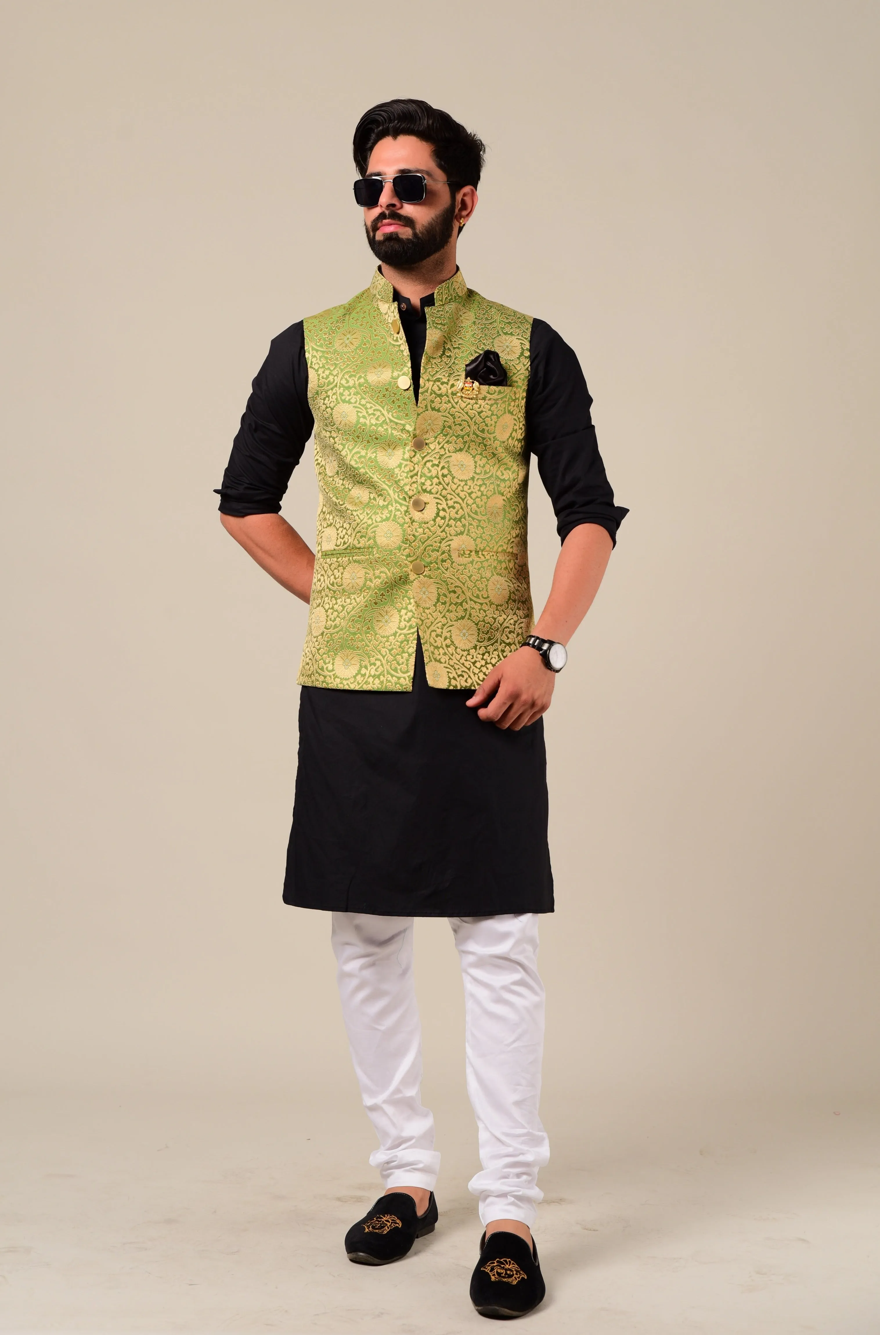 Black Rajputana Style Kurta Pajama Set with Green Banarasi Brocade Nehru Jacket - Perfect for Weddings, Festivals, and Indian Dinners