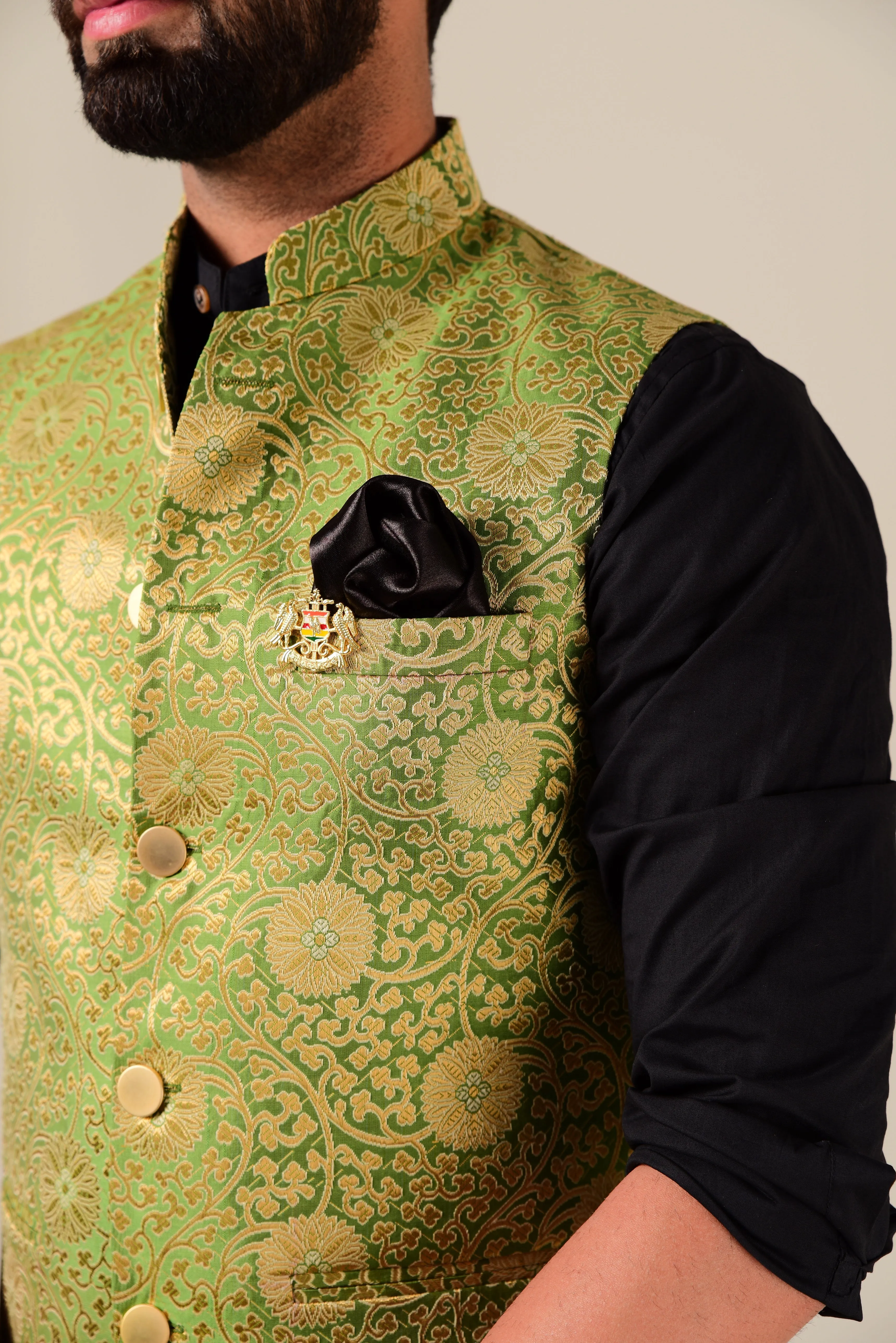 Black Rajputana Style Kurta Pajama Set with Green Banarasi Brocade Nehru Jacket - Perfect for Weddings, Festivals, and Indian Dinners