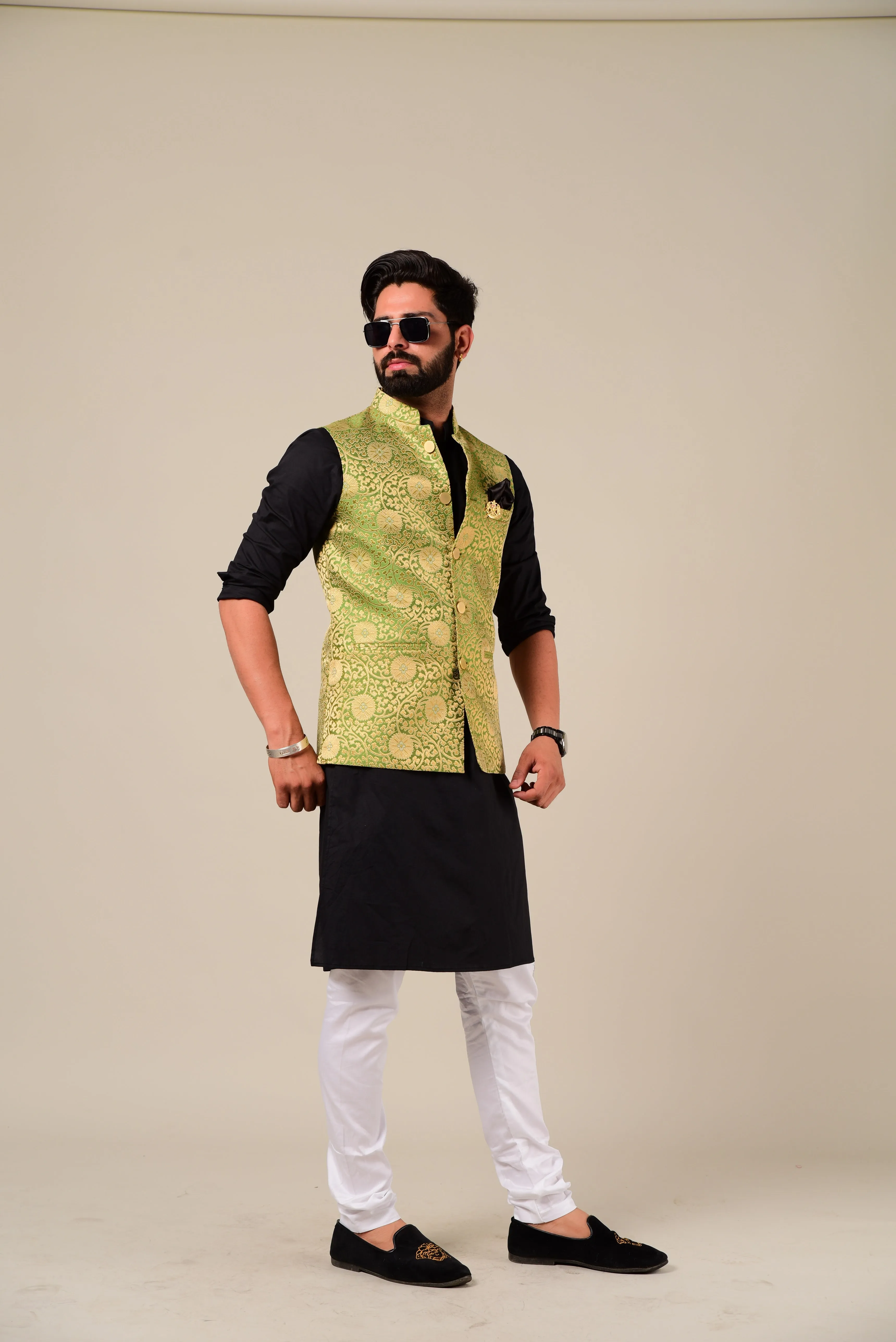 Black Rajputana Style Kurta Pajama Set with Green Banarasi Brocade Nehru Jacket - Perfect for Weddings, Festivals, and Indian Dinners