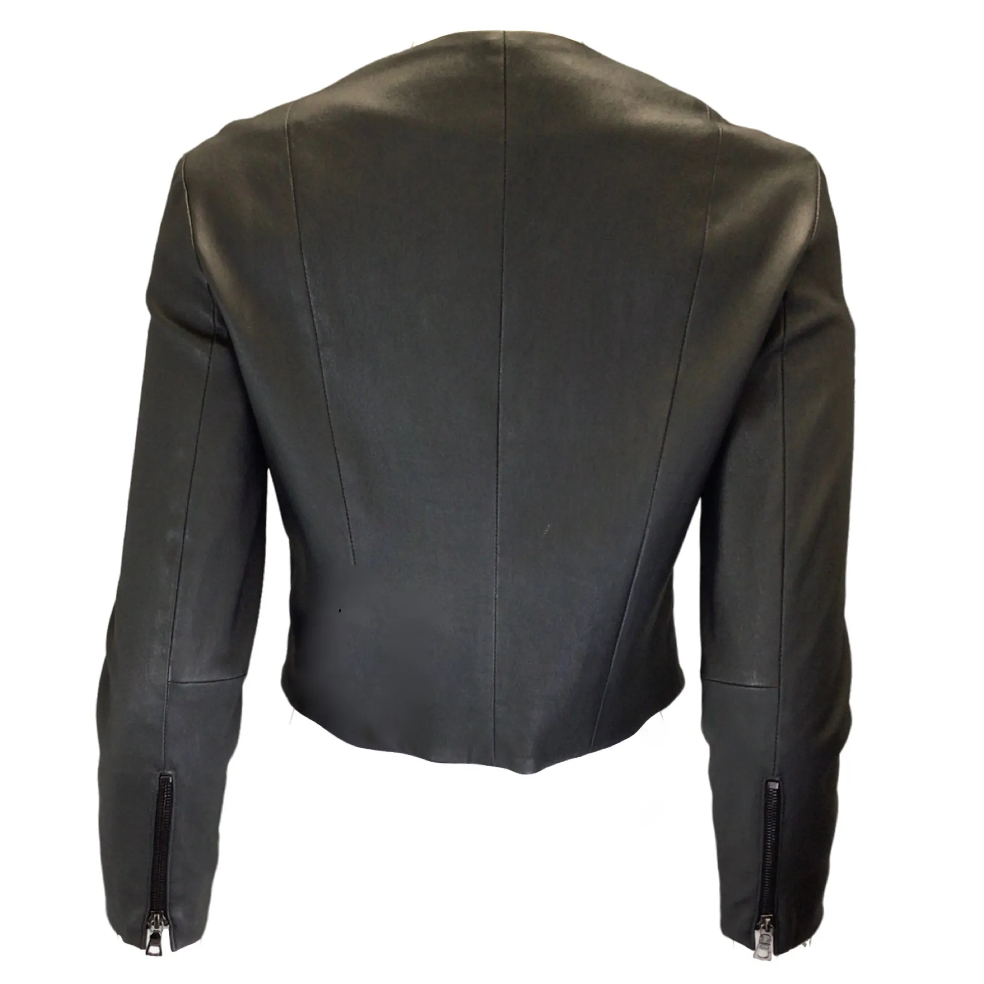 Shari's Place Graphite Cropped Round Neck Full Zip Leather Jacket