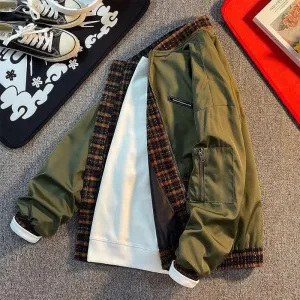 Stain-Resistant Water-Resistant Plaid Patchwork Bomber Jacket