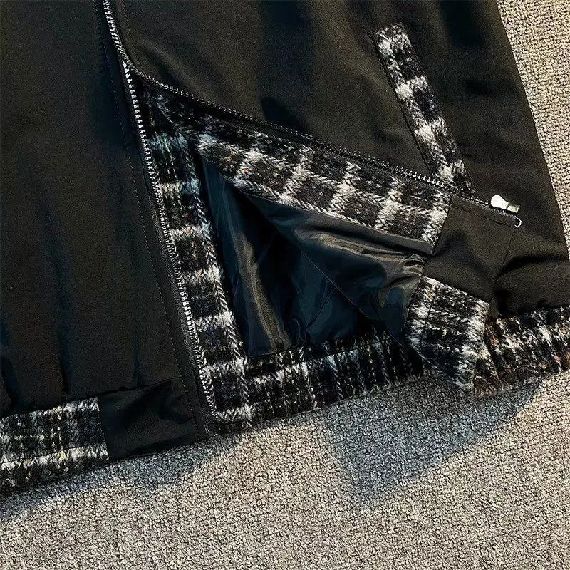 Stain-Resistant Water-Resistant Plaid Patchwork Bomber Jacket