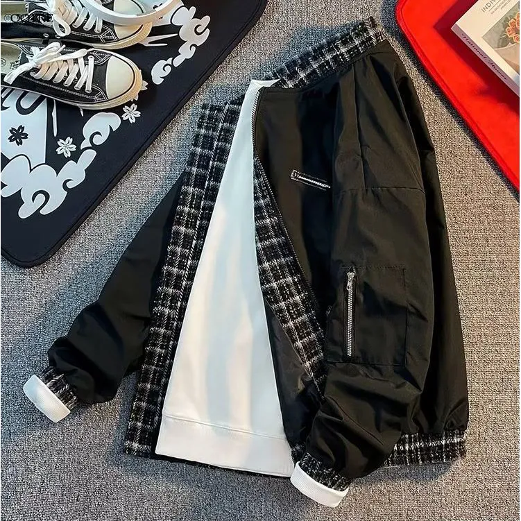 Stain-Resistant Water-Resistant Plaid Patchwork Bomber Jacket