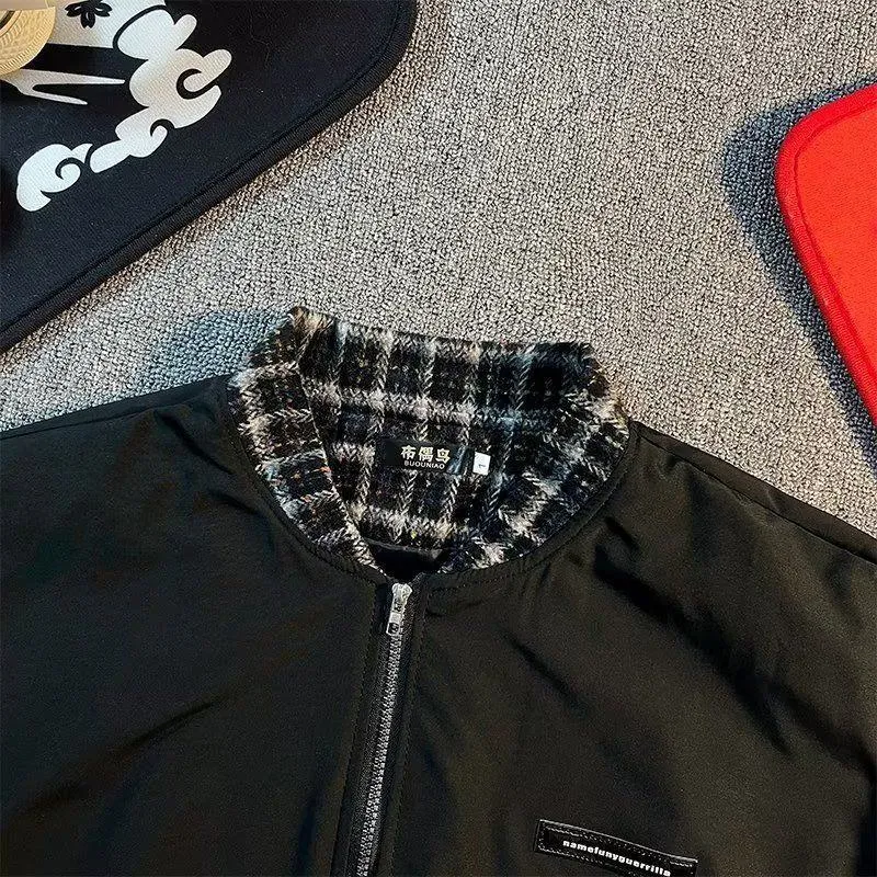 Stain-Resistant Water-Resistant Plaid Patchwork Bomber Jacket