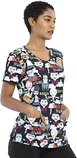 Tooniforms Women's V-Neck Halloween Print Scrub Top | Beware of Monsters