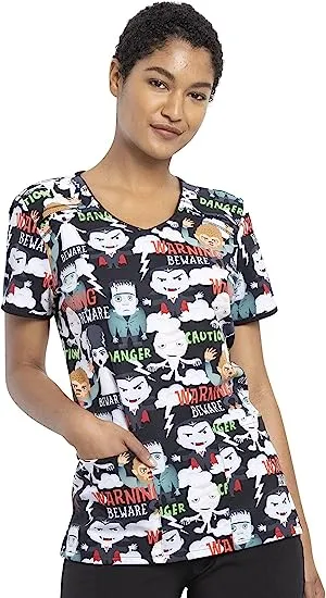 Tooniforms Women's V-Neck Halloween Print Scrub Top | Beware of Monsters