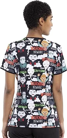 Tooniforms Women's V-Neck Halloween Print Scrub Top | Beware of Monsters