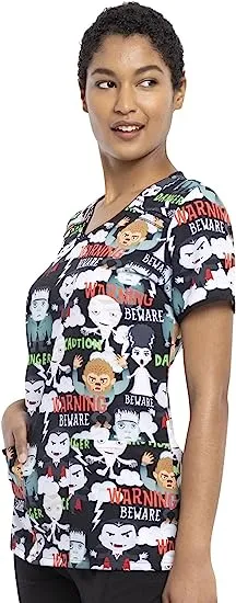 Tooniforms Women's V-Neck Halloween Print Scrub Top | Beware of Monsters