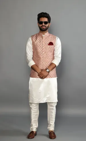 Traditional Silver Pink Banarasi Brocade Embroidered Nehru Jacket With Off White Silk Kurta Pajama-Handcrafted |Perfect for Festive wear| Free Personalization | Diwali, Sangeet Party