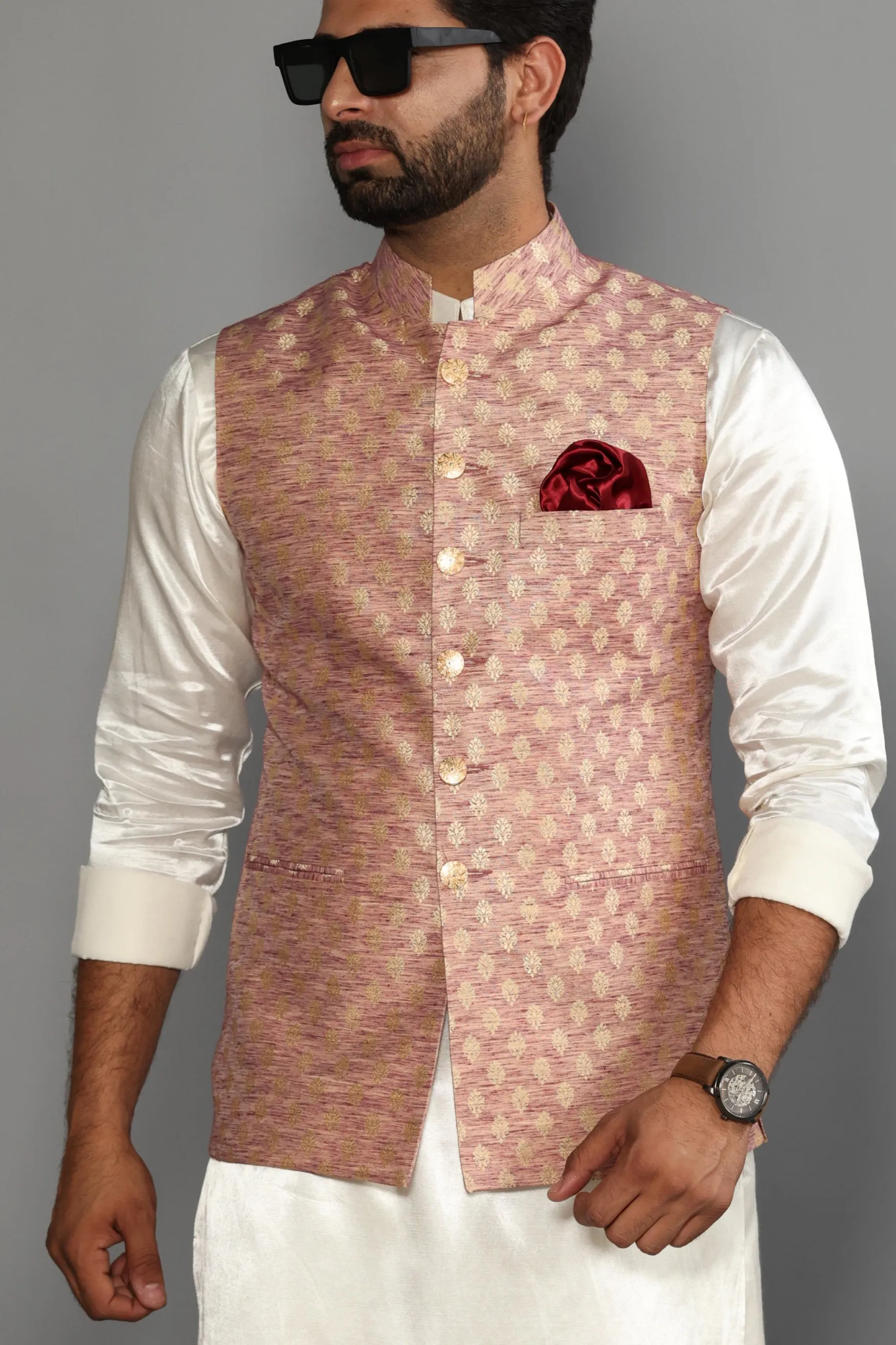 Traditional Silver Pink Banarasi Brocade Embroidered Nehru Jacket With Off White Silk Kurta Pajama-Handcrafted |Perfect for Festive wear| Free Personalization | Diwali, Sangeet Party